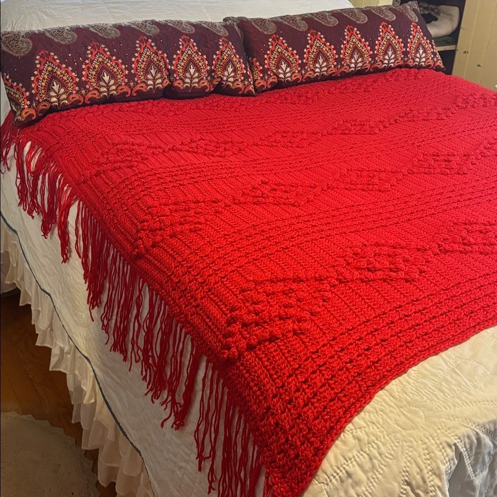 Hand Crocheted Popcorn Stitch Design Orange Afghan